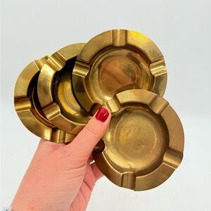 Set of 4 Vintage Solid Brass Ashtrays, Round Mid-Century Table Ashtray